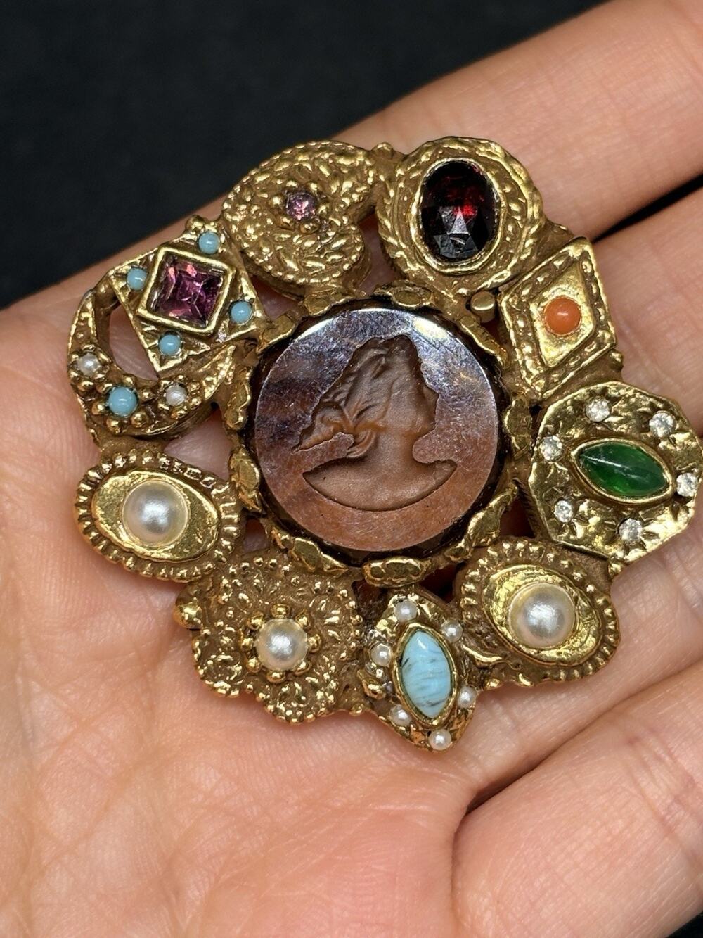 Vintage Gilt Victorian Revival Brooch with Intaglio Cameo by Goldette 1960s Pin
